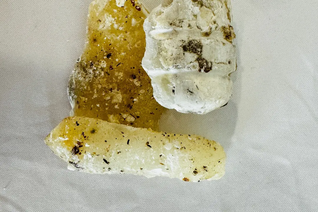Tres trozos de copal, entre blanco y amarillo translúcido, sobre una tela clara.